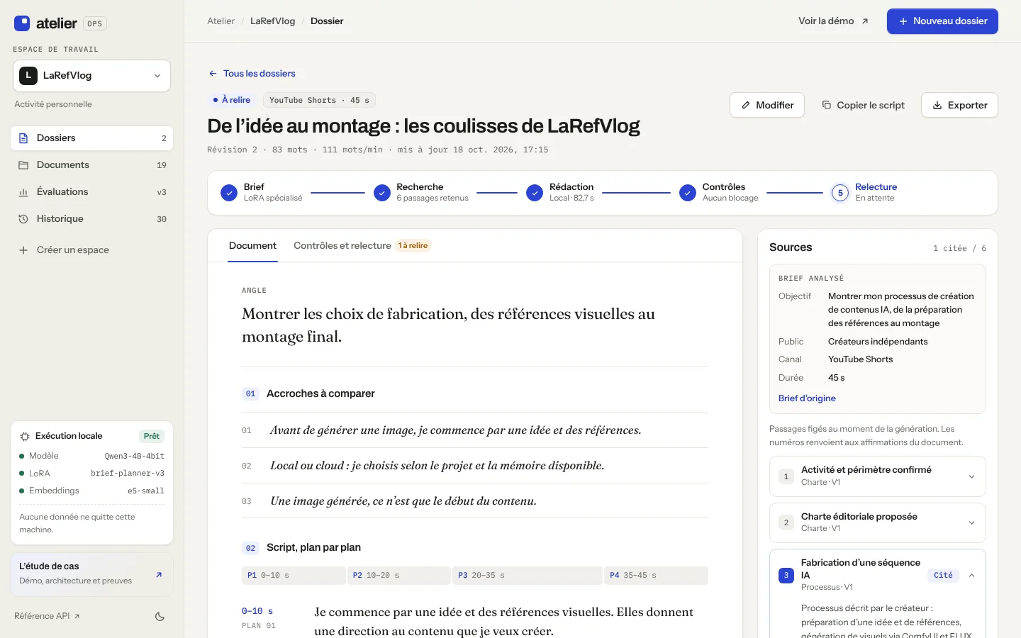 Un dossier relu comme un document : étapes du brief à la relecture, sources citées en regard.