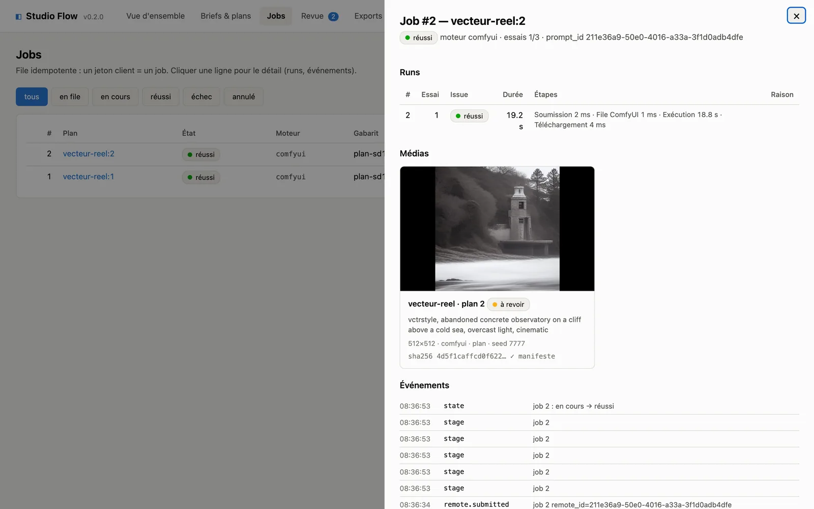 Le détail d’un job : identifiant du rendu ComfyUI, étapes chronométrées, média et empreinte vérifiée.