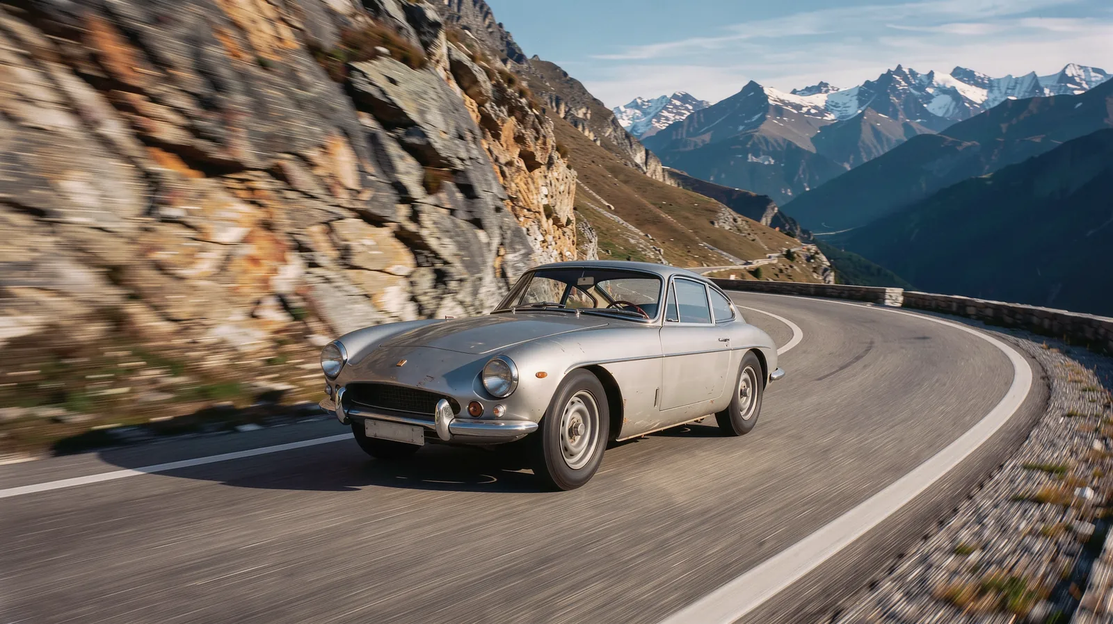 GT des années 60 sur un col alpin, en filé.