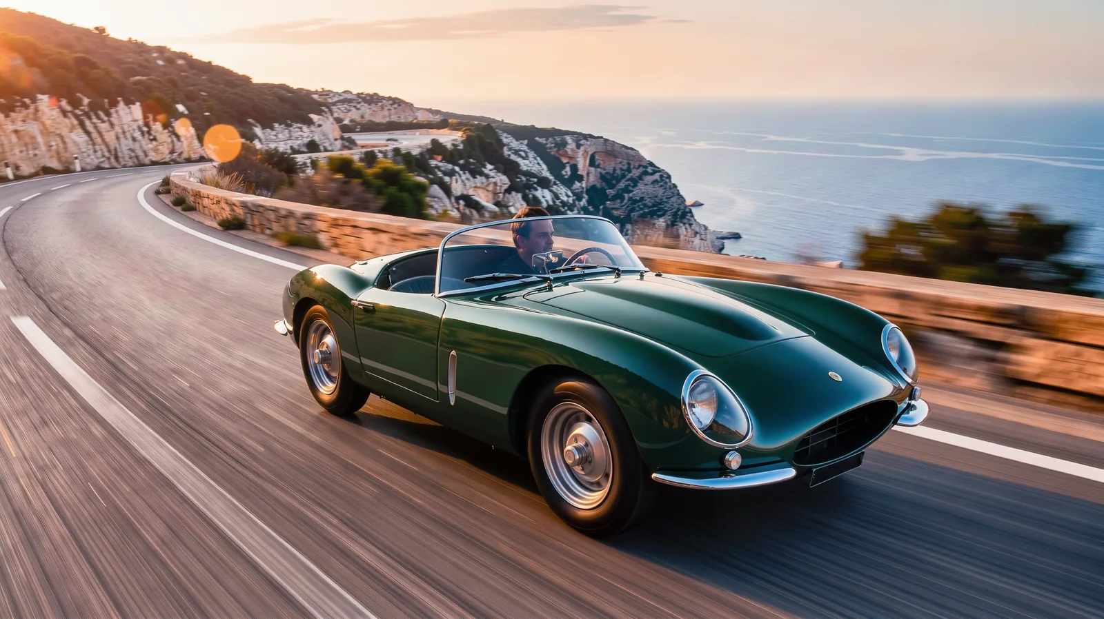 Roadster sur la corniche, en travelling.