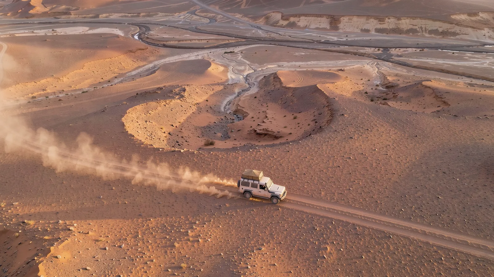 4x4 dans le désert marocain, vu du ciel.