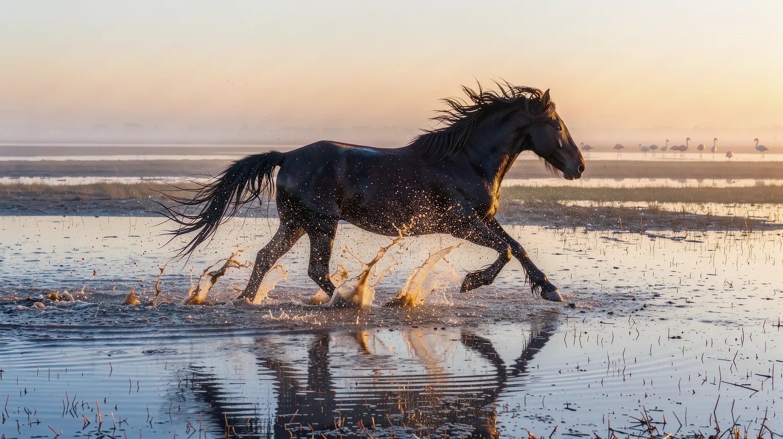 Cheval noir en Camargue, à l’aube.