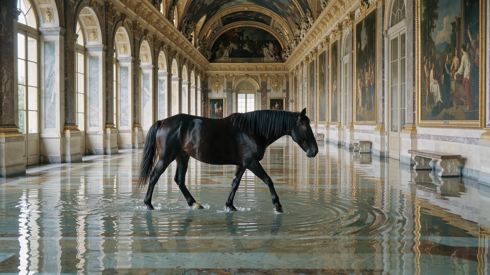 Un cheval noir dans une galerie inondée.