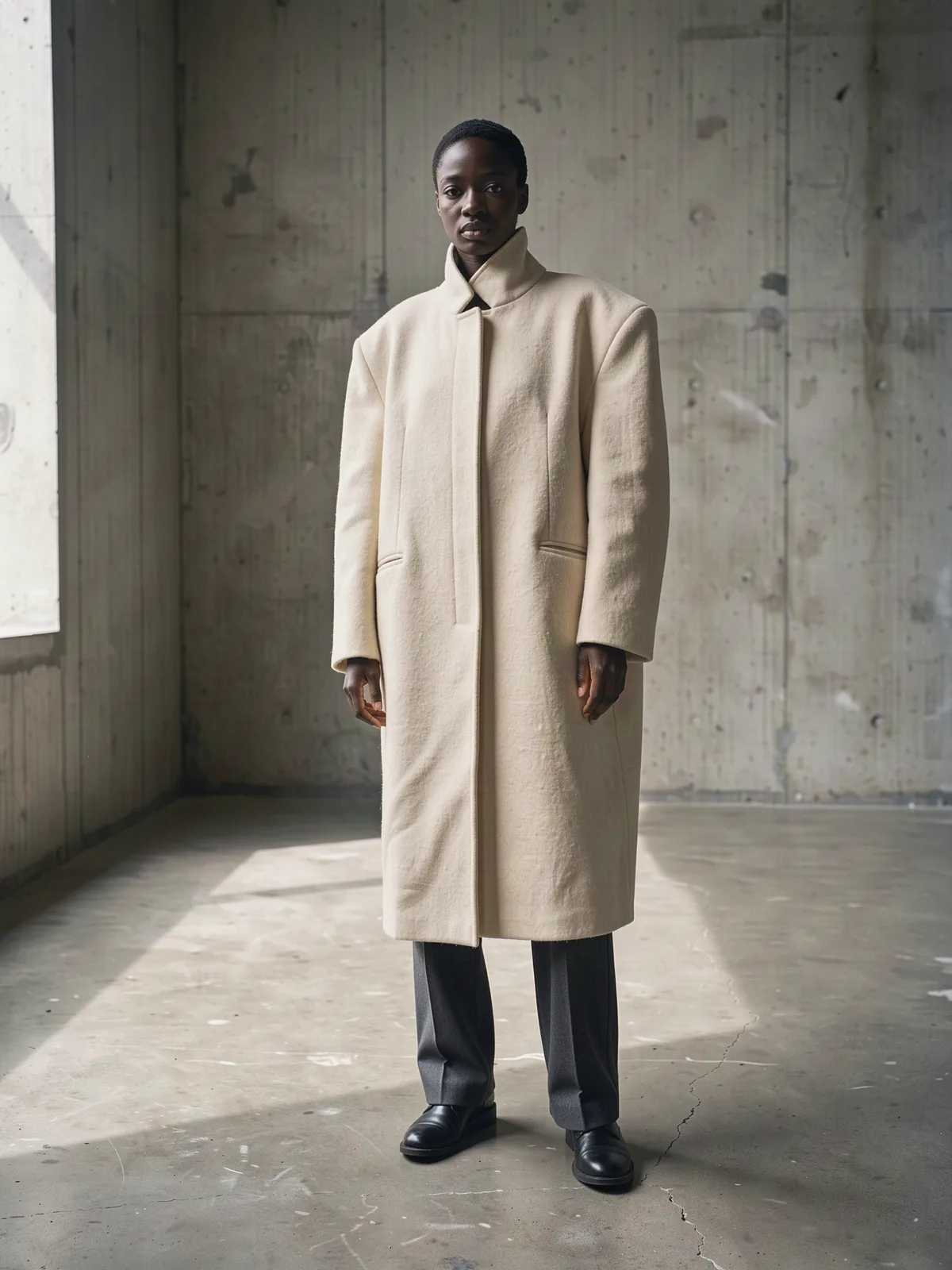Lookbook créateur : manteau ivoire, béton brut.
