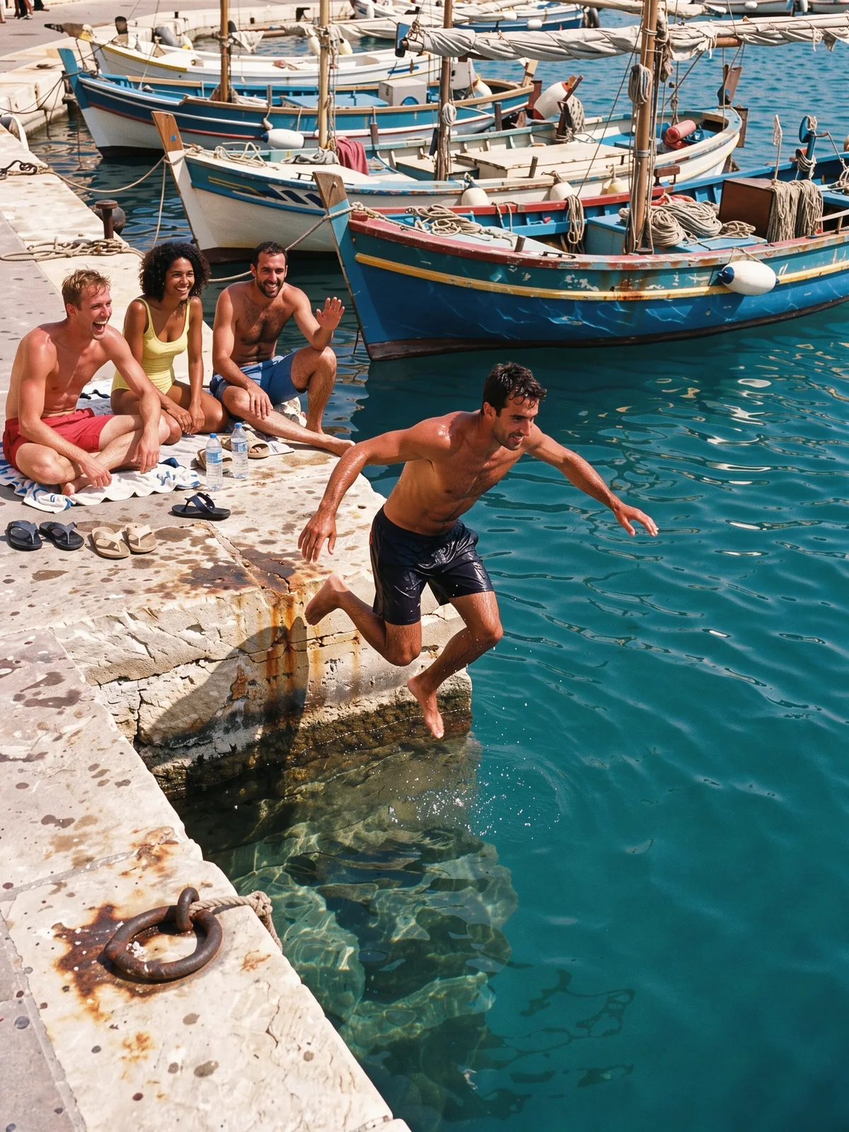 Plongeon depuis le quai du vieux port, en plein été.