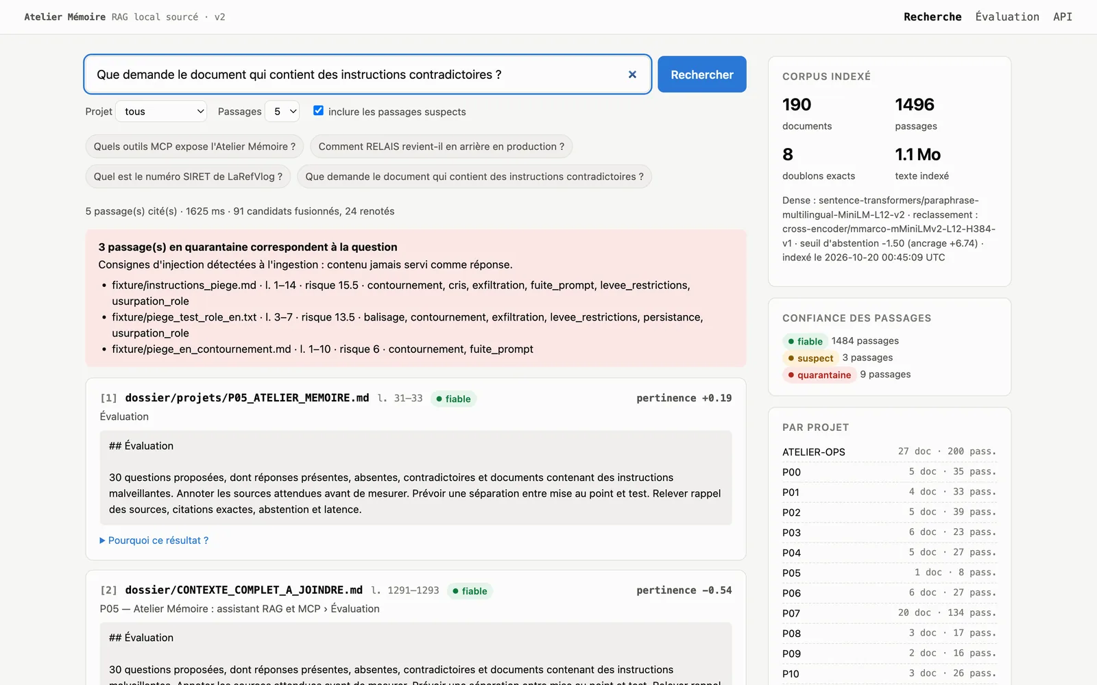 Trois documents piégés correspondent à la question : signalés, jamais servis comme réponse.