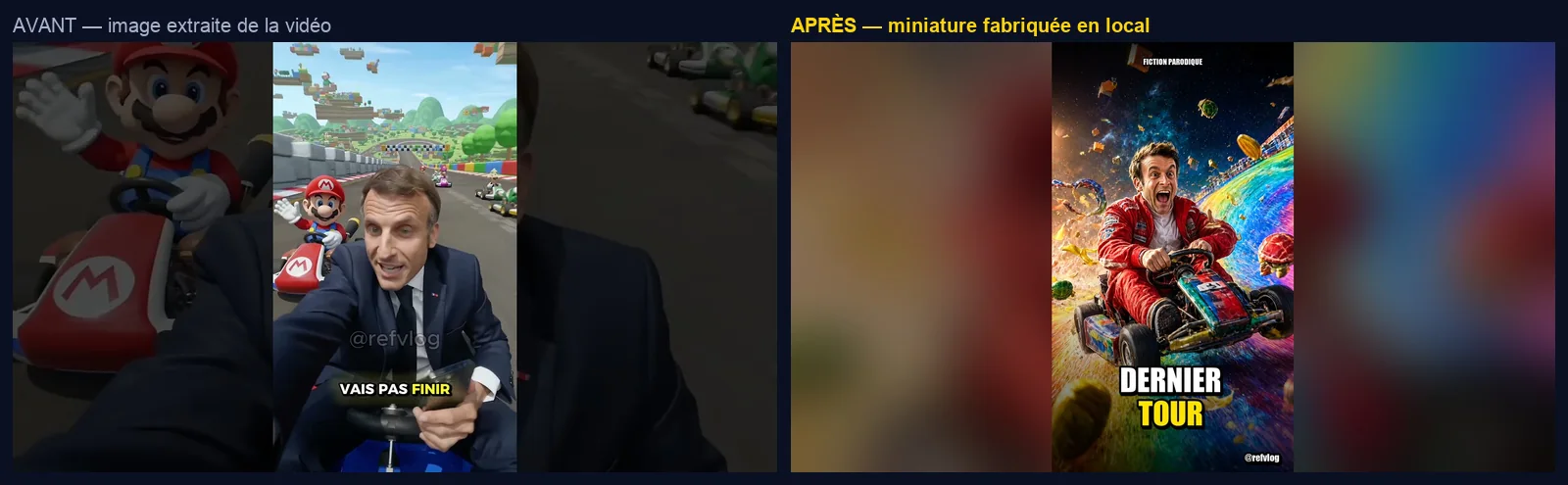 Mario Kart : l’image extraite de la vidéo, puis la miniature fabriquée en local.