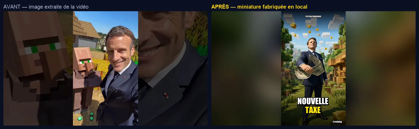 Village Minecraft : format exact de la chaîne, bande centrale nette et côtés floutés.