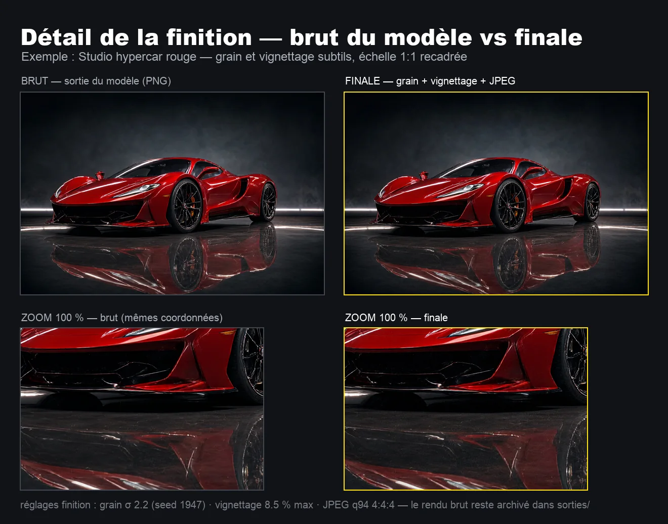 Brut du modèle contre finale : grain et vignettage, zoom à 100&nbsp;%.