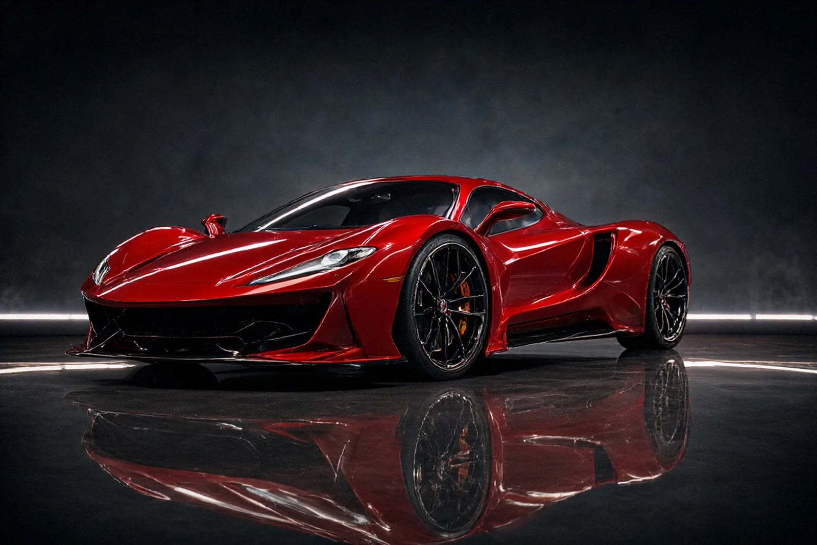 Shooting : hypercar rouge en studio, sol miroir.