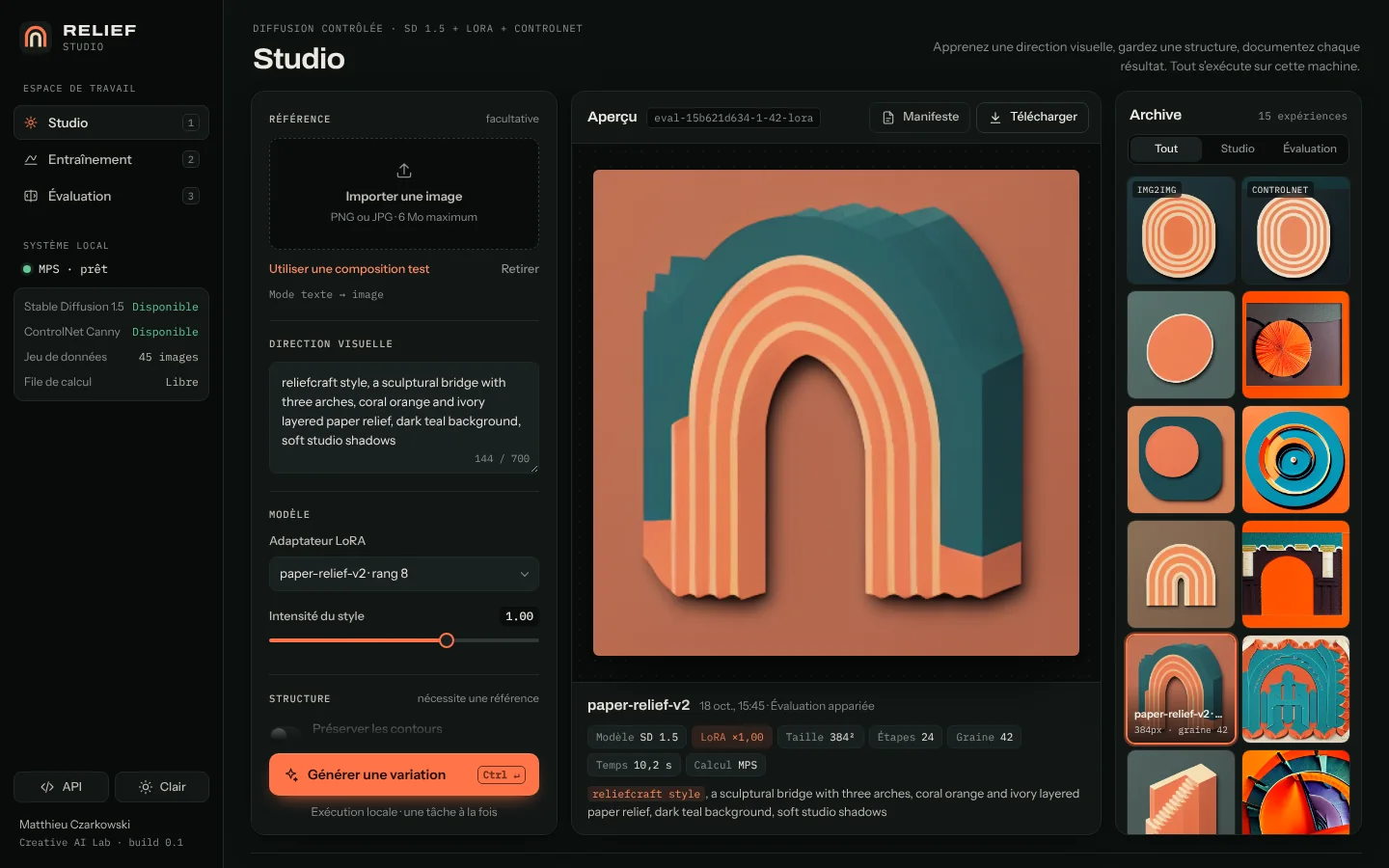 Studio local : LoRA de matières, ControlNet, évaluation chiffrée