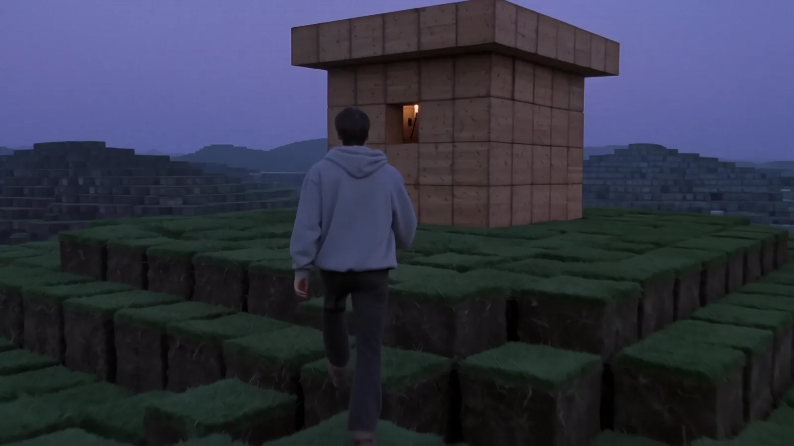 La cabane, à la tombée du jour.