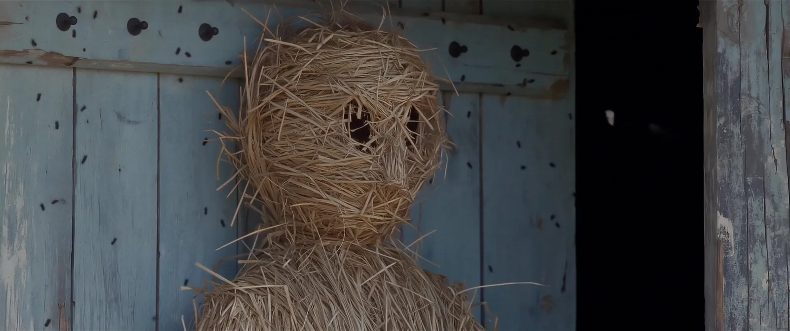 Le masque de paille cloué sur la porte bleue.
