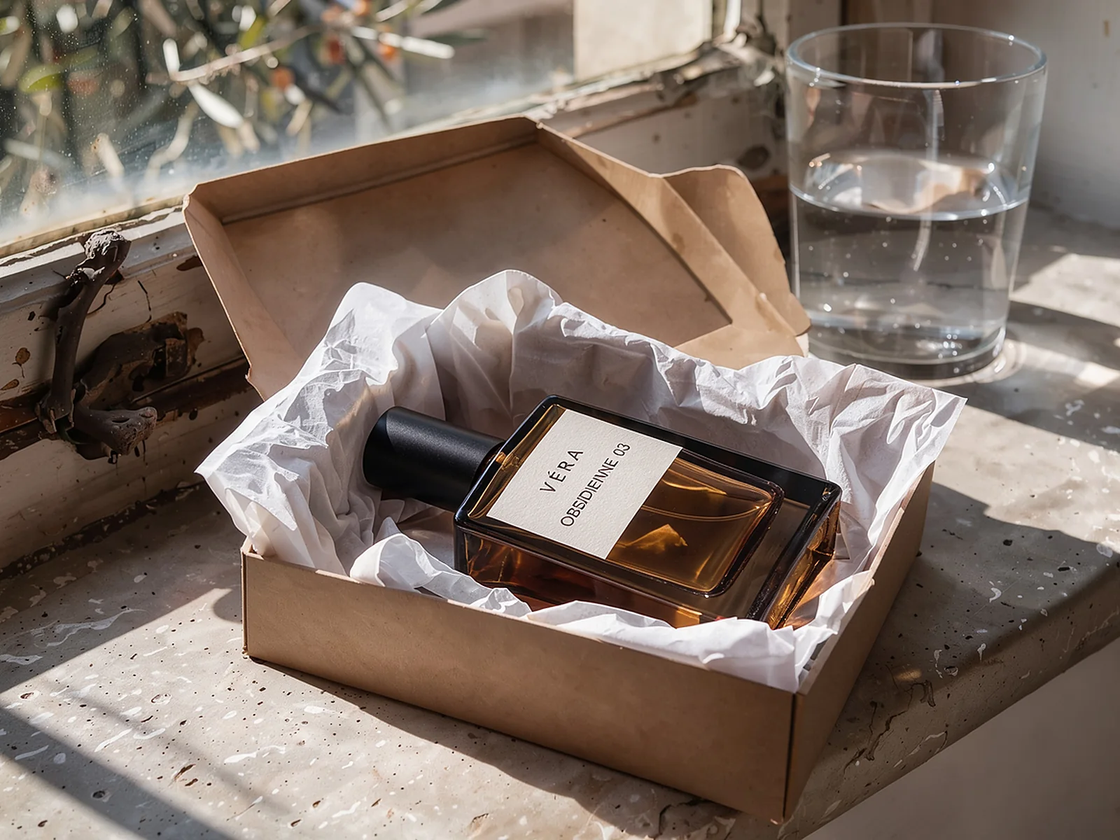 Le coffret kraft, papier de soie.