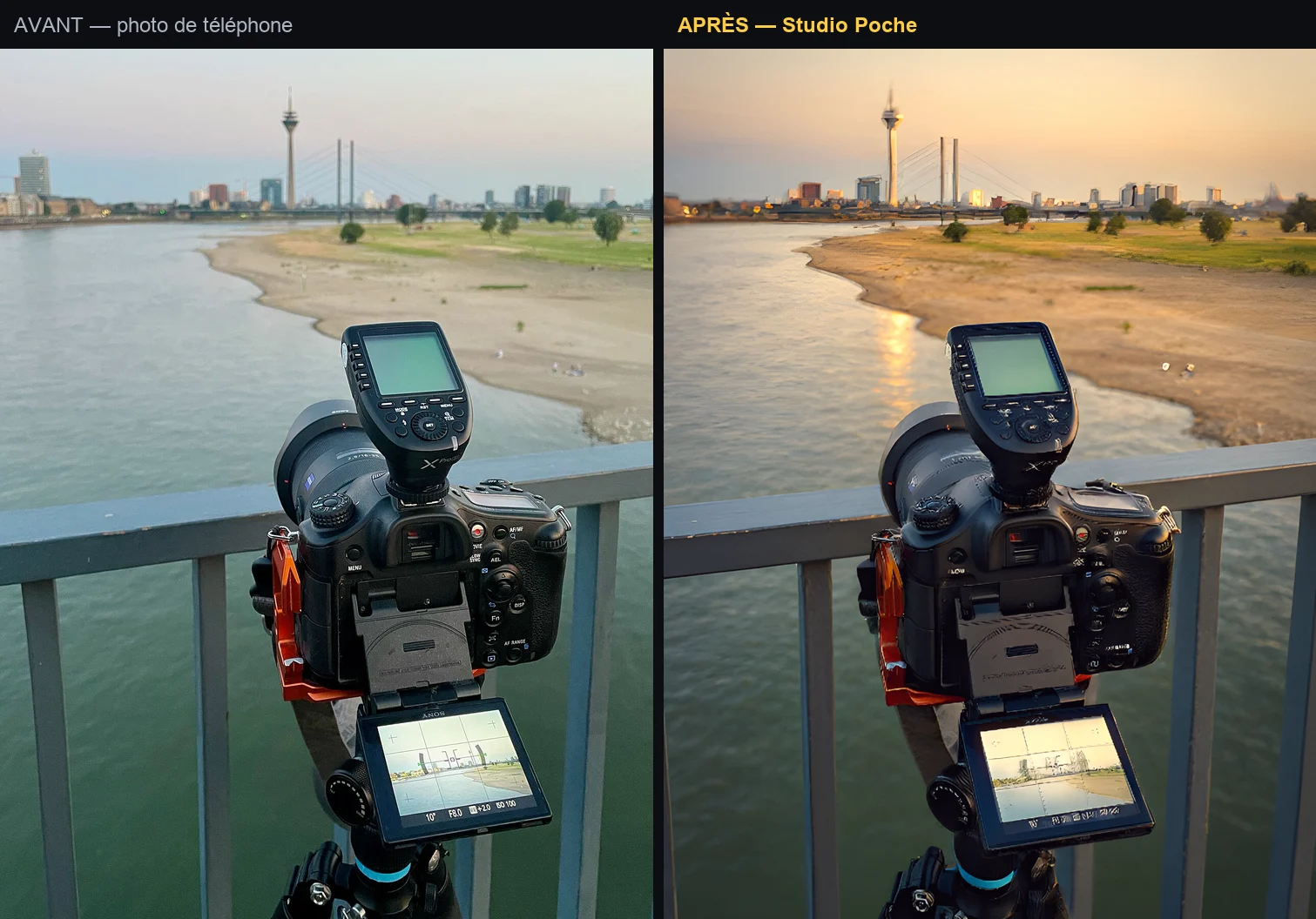 Camera by the Rhine: golden late-day backlight. Original photo: Anil Öztas, CC BY-SA 4.0 (Wikimedia Commons).