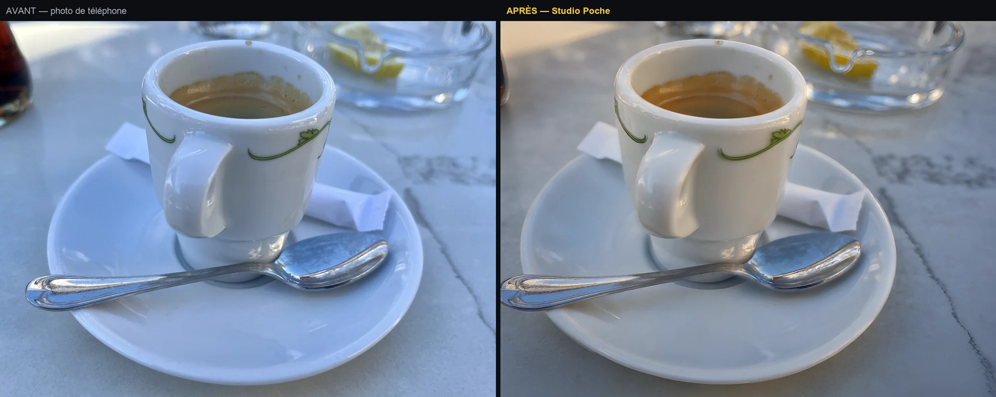 Espresso on a terrace: soft morning light, porcelain and crema brought out. Original photo: Benoît Prieur, CC0 (Wikimedia Commons).