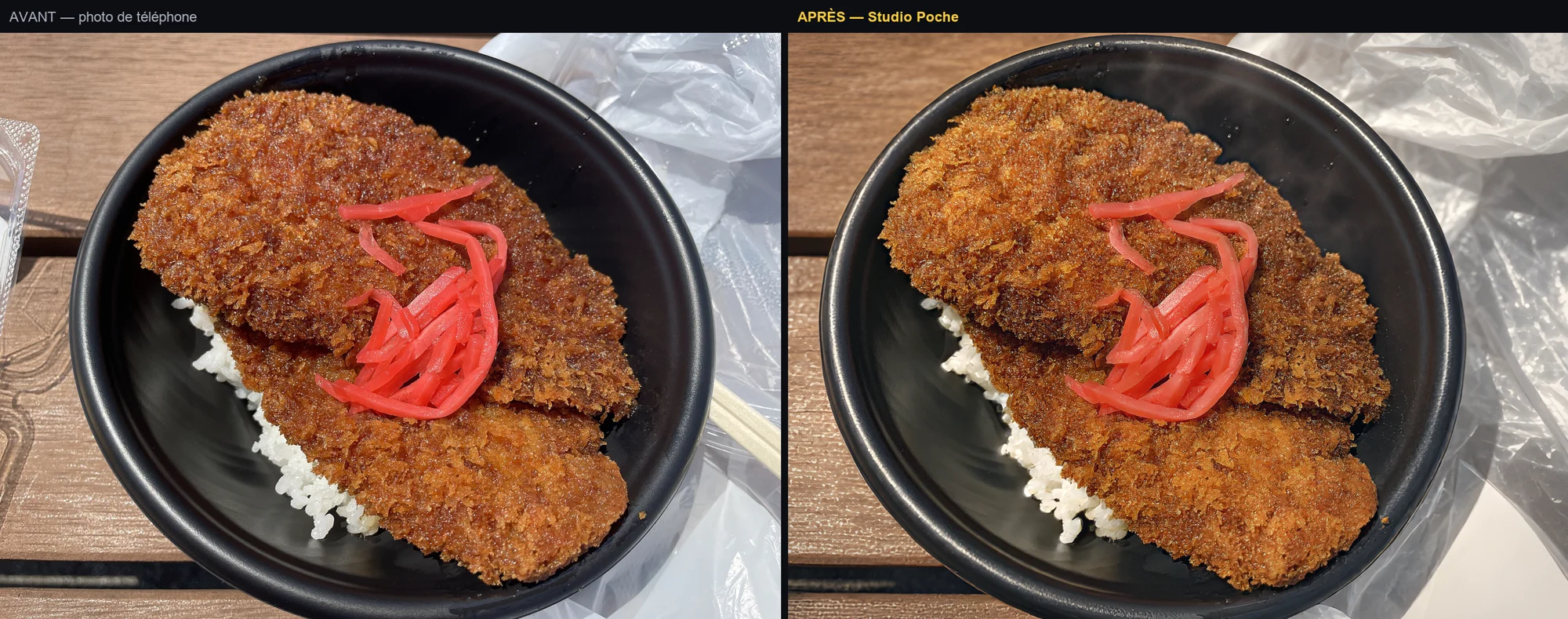 Katsu bowl: food-magazine style, detailed crumbs and ginger. Original photo: ウィ貴公子, CC BY-SA 4.0 (Wikimedia Commons).