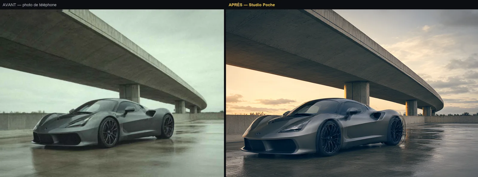 Second example: a photo degraded phone-style, then the Studio Pro master.