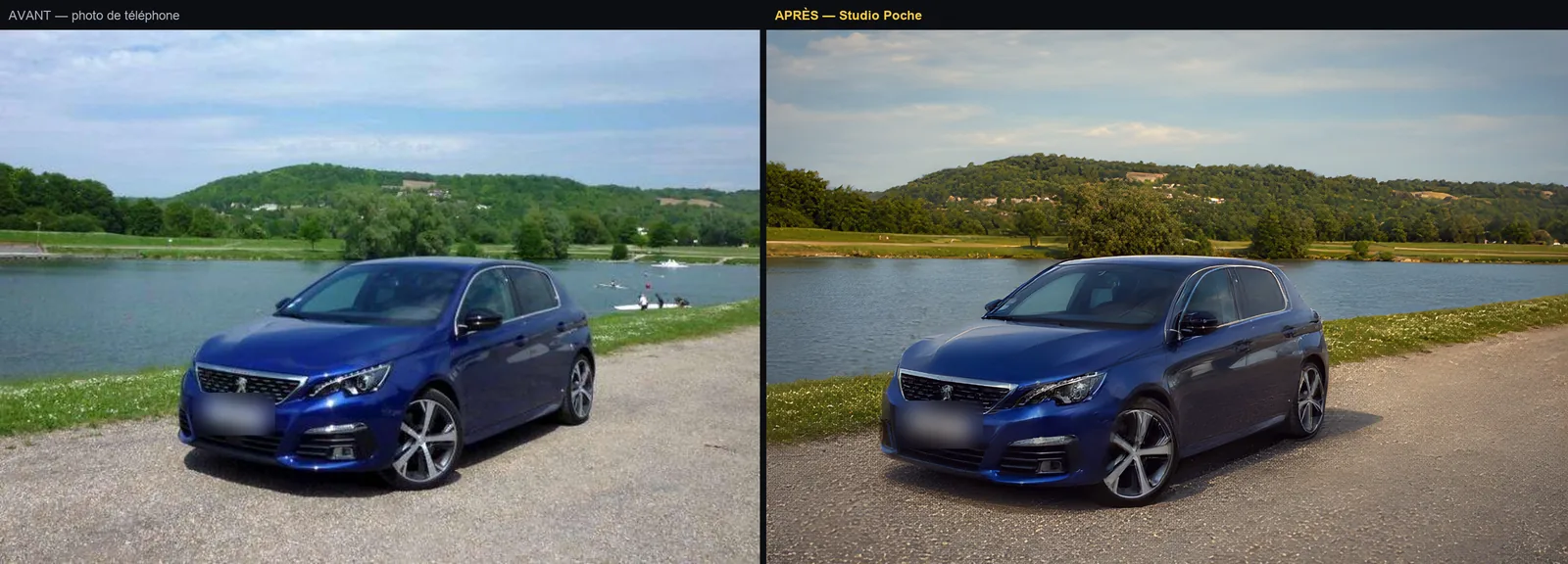Before: a real phone photo. After: the Studio Pro master, same car, late-day light.